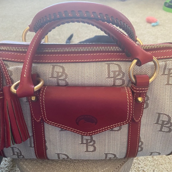 Dooney & Bourke Handbags - Dooney & Bourke jacquard logo Florentine signature canvas satchel red trim new